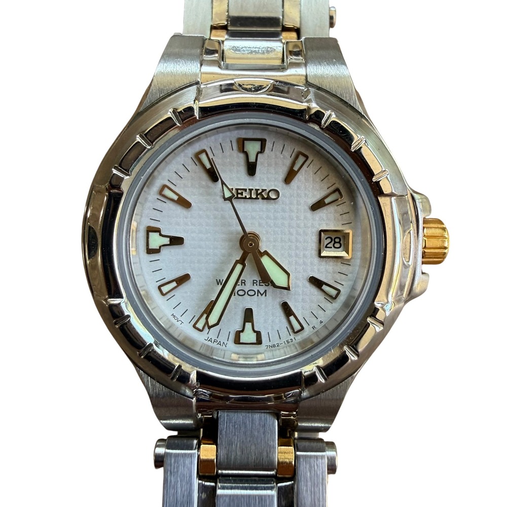 Seiko Womens Two Tone Stainless Steel Watch 7N82-0709 Sapphire 100M Date Box - Picture 5 of 10